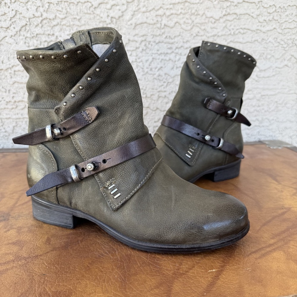 Miz Mooz NYC Olive Leather Ankle Boots Womens 8 Moto Studded Buckle Zip Boho